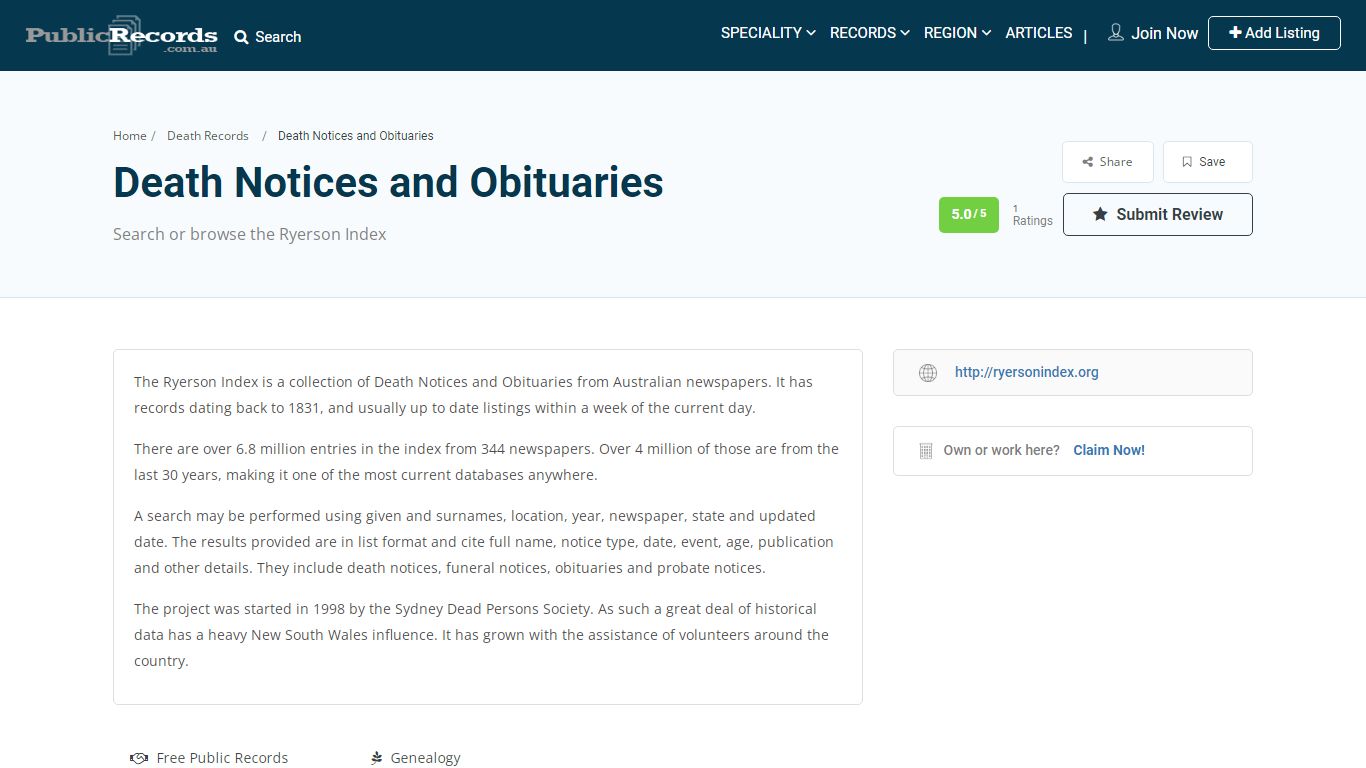 Death Notices and Obituaries - Ryerson Index | Public Records